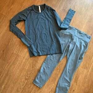 Lululemon Set Matching Workout Light Green Leggings Size 12 Long sleeve Top 10